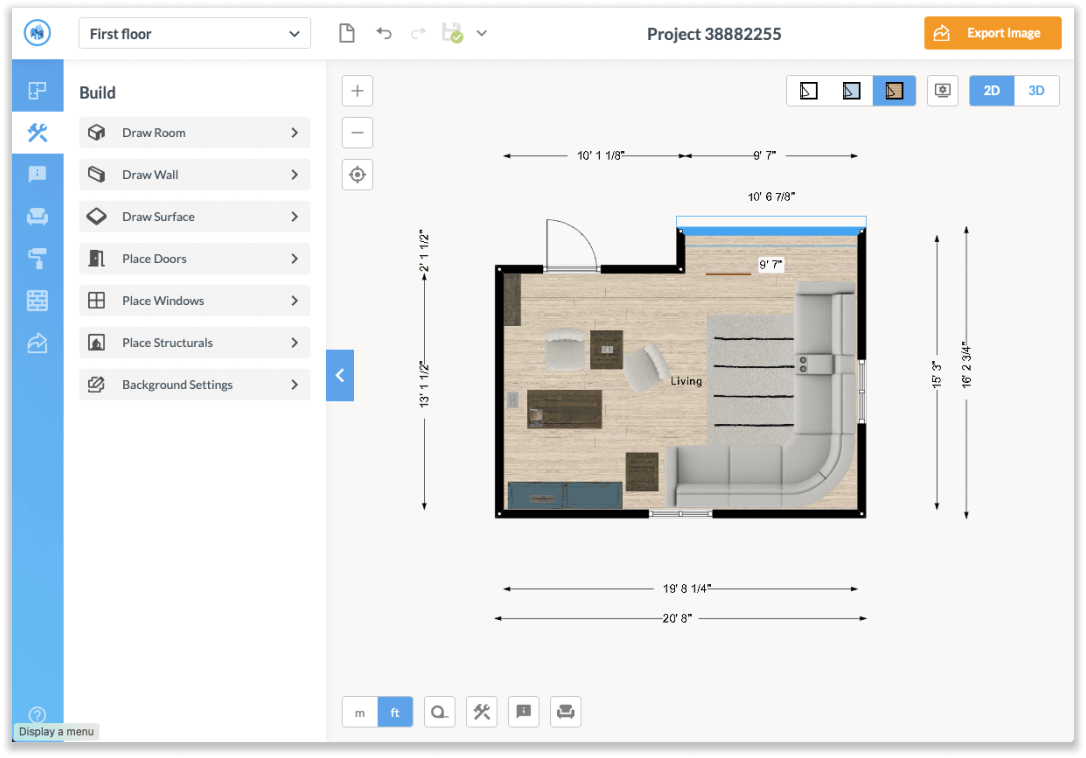 Floorplanner工具的屏幕截图，显示一个装饰房间的俯视图示例。