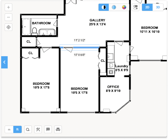 Floorplanner 工具中的 2D 平面图截图，选择一堵墙